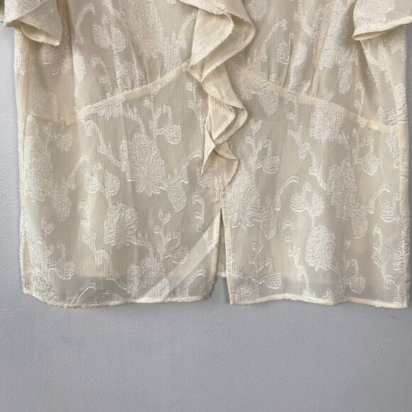Pleione Cream Empire Waist Blouse V-Neck Ruffle Front Textured Floral Size L - Picture 3 of 10